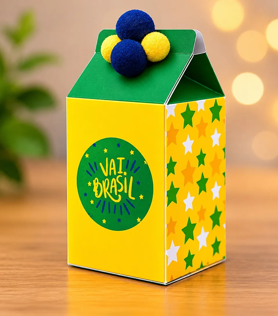 Caixa verde e amarela com estrelas e pompons
